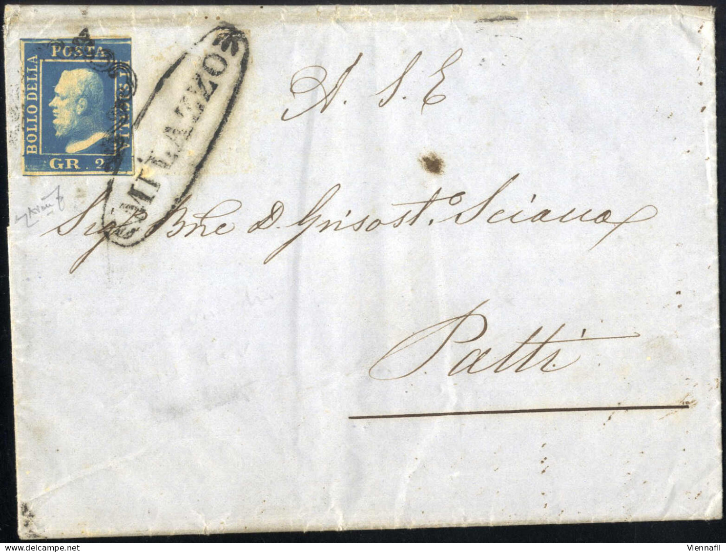 Cover MILAZZO, Ovale C.f. Su Lettera Completa Del Testo Del 24.2.1859 Per Patti, Affrancata Con 2 Grana Azzurro Oltremar - Sicilia