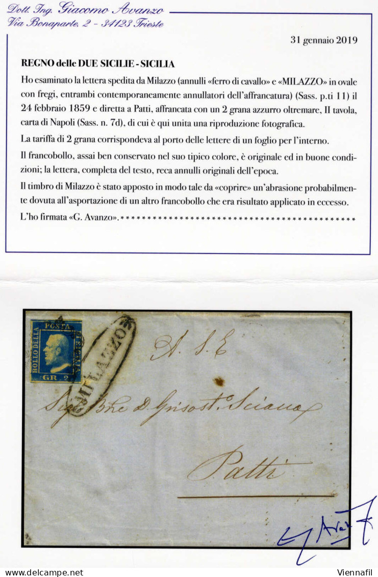 Cover MILAZZO, Ovale C.f. Su Lettera Completa Del Testo Del 24.2.1859 Per Patti, Affrancata Con 2 Grana Azzurro Oltremar - Sicilië