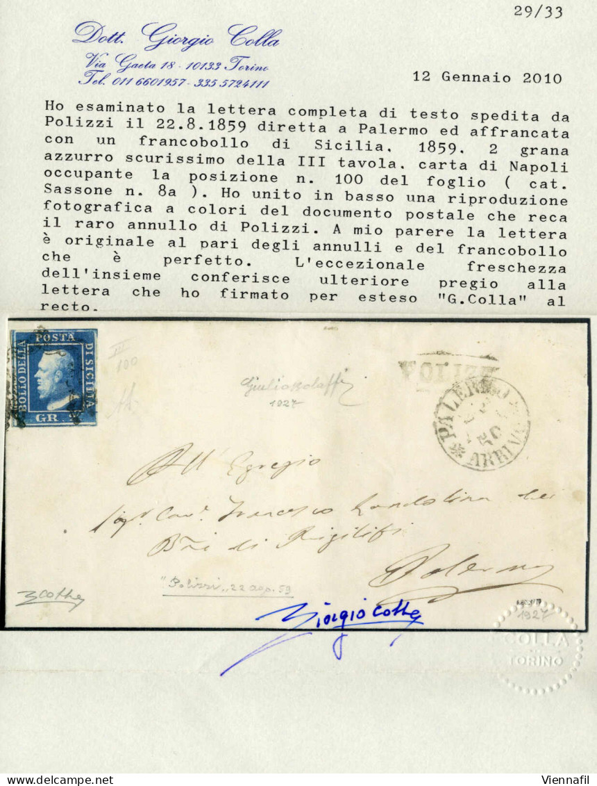 Cover POLIZZI, Ovale S.f. Su Lettera Completa Del Testo Del 22.8.1859 Per Palermo, Affrancata Con 2 Grana Azzurro Scuris - Sicilia
