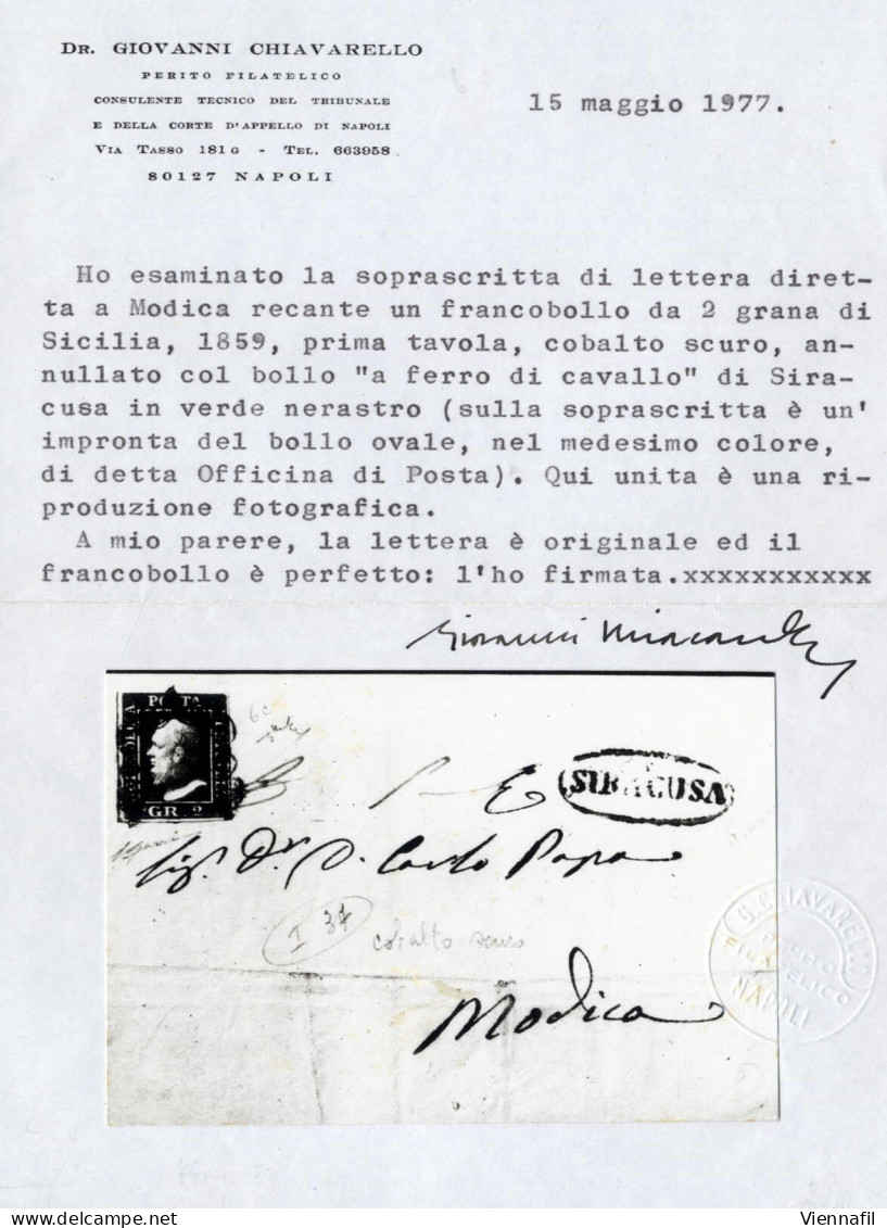 Cover SIRACURA Ovale S.f. In Verde Nerastro: Lettera Dei Primi Mesi Del 1859 Da Siracusa A Modica, Affrancata Con 2 Gran - Sicilia