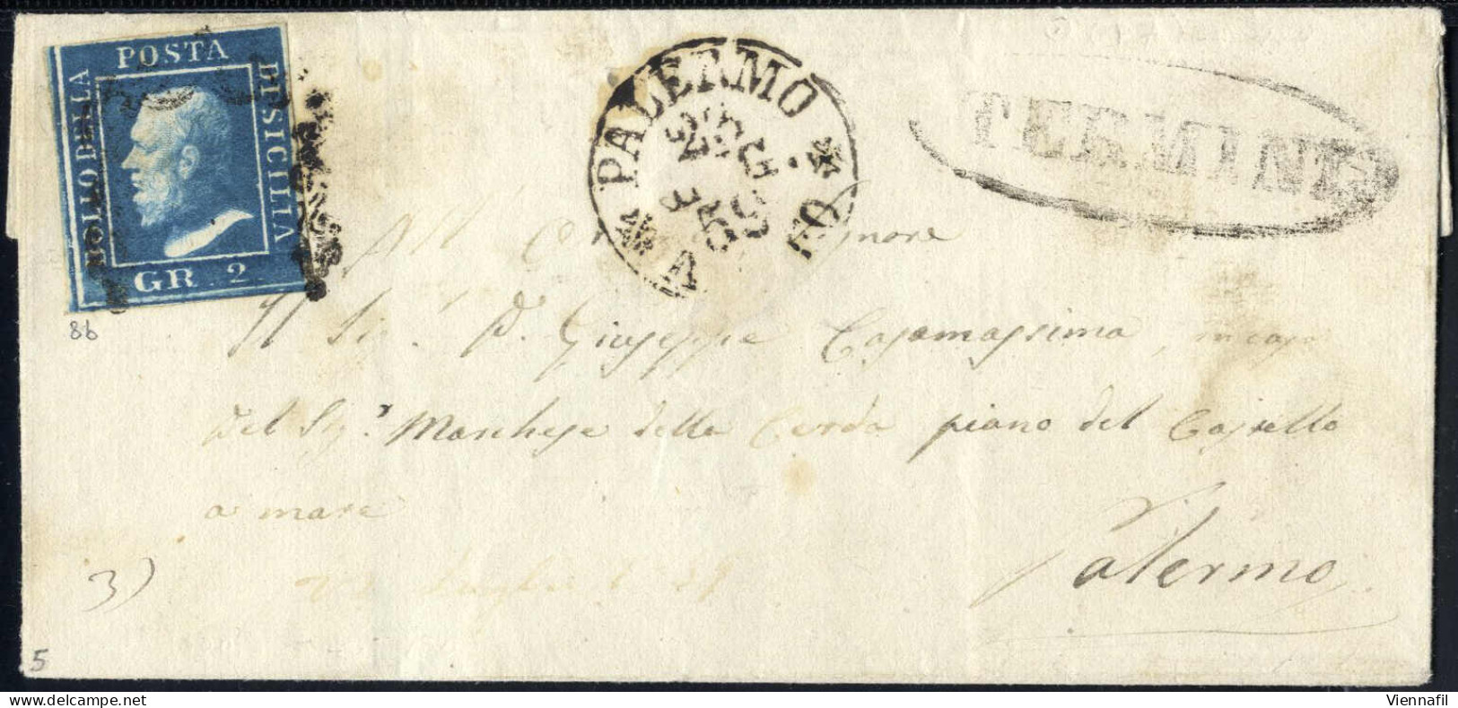 Cover TERMINI, Ovale S.f. Su Lettera Per Palermo Affrancata Con 2 Grana Azzurro Verdastro, Carta Di Napoli, III Tavola,  - Sizilien