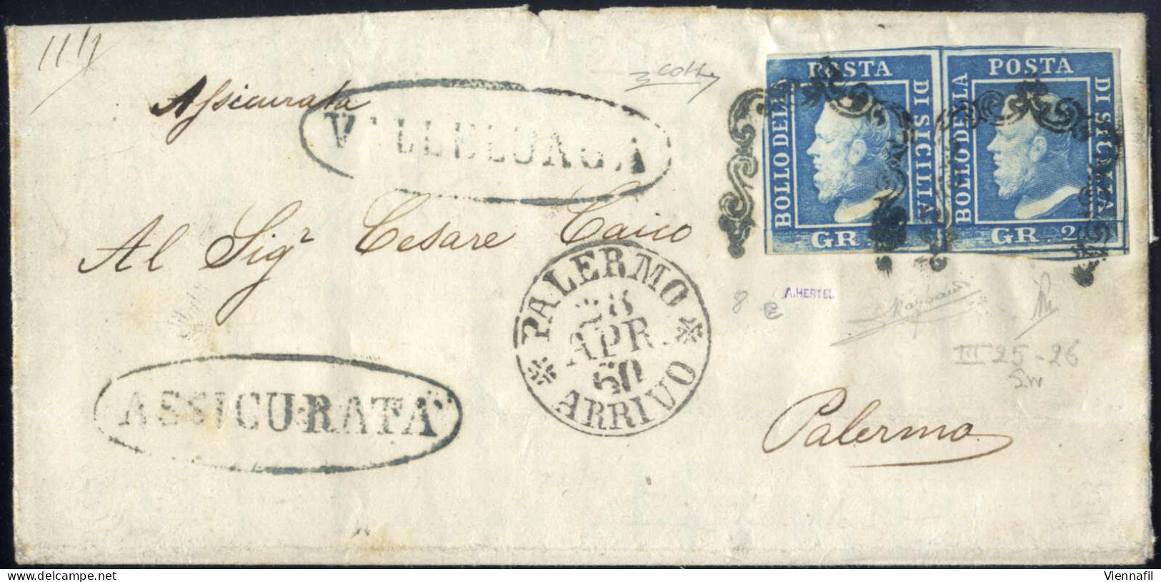 Cover VALLELUNGA S.f. In Azzurro E ASSICURATA In Nero, Timbri Ovali Su Lettera Completa Del Testo Del 24.4.1960 Per Pale - Sicilië