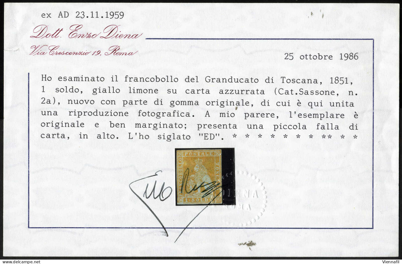 * 1851/52, 1 S. Giallo Limone Su Azzurro, Nuovo Con Parte Di Gomma Originale, Filigrana 1, Cert. Enzo Diena (piccola Fal - Toscane