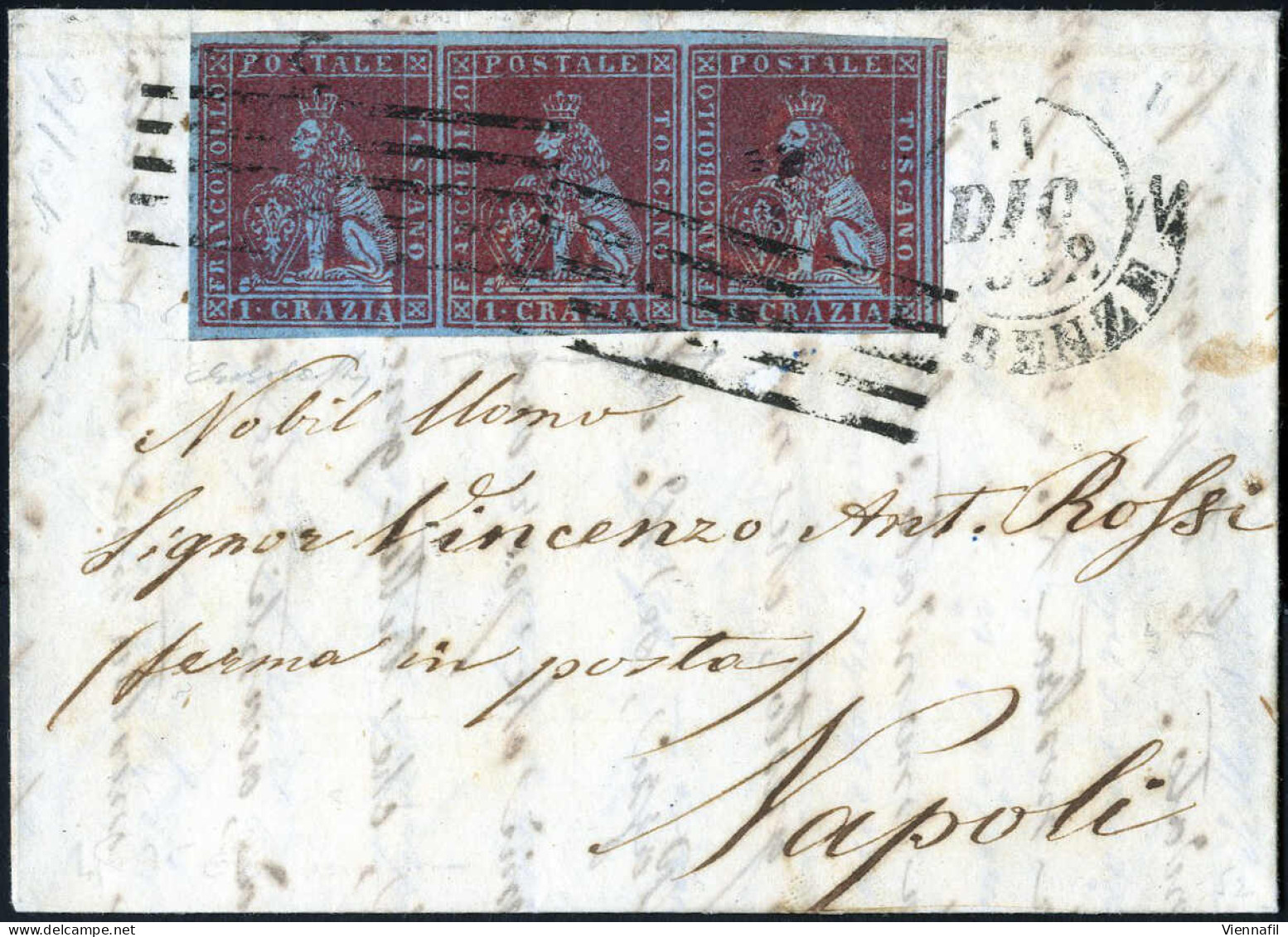 Cover 1852, Lettera Da Firenze Il 11.12 Per Napoli Affrancata Con Striscia Di Tre 1 Cr. Carminio Cupo Su Azzurro, Filigr - Toscana