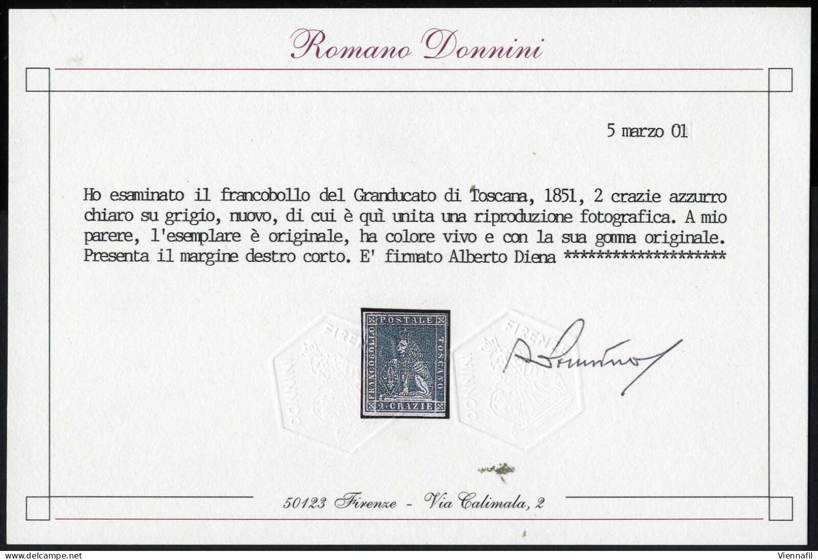 * 1851/52, 2 Cr. Azzurro Chiaro Su Grigio, Nuovo Con Piena Gomma Originale, Filigrana 1, Cert. Donini, Sass. 5 / 14000,- - Toskana