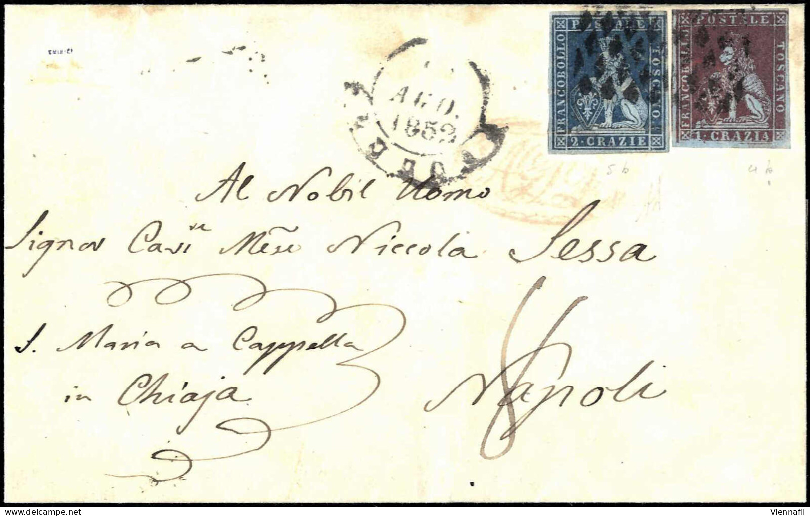 Cover 1852, Lettera Del ...8.1852 Da Livorno A Napoli, Affrancata Con 1 Cr. Carminio Su Azzurro (un Margine Leggermente  - Toscana