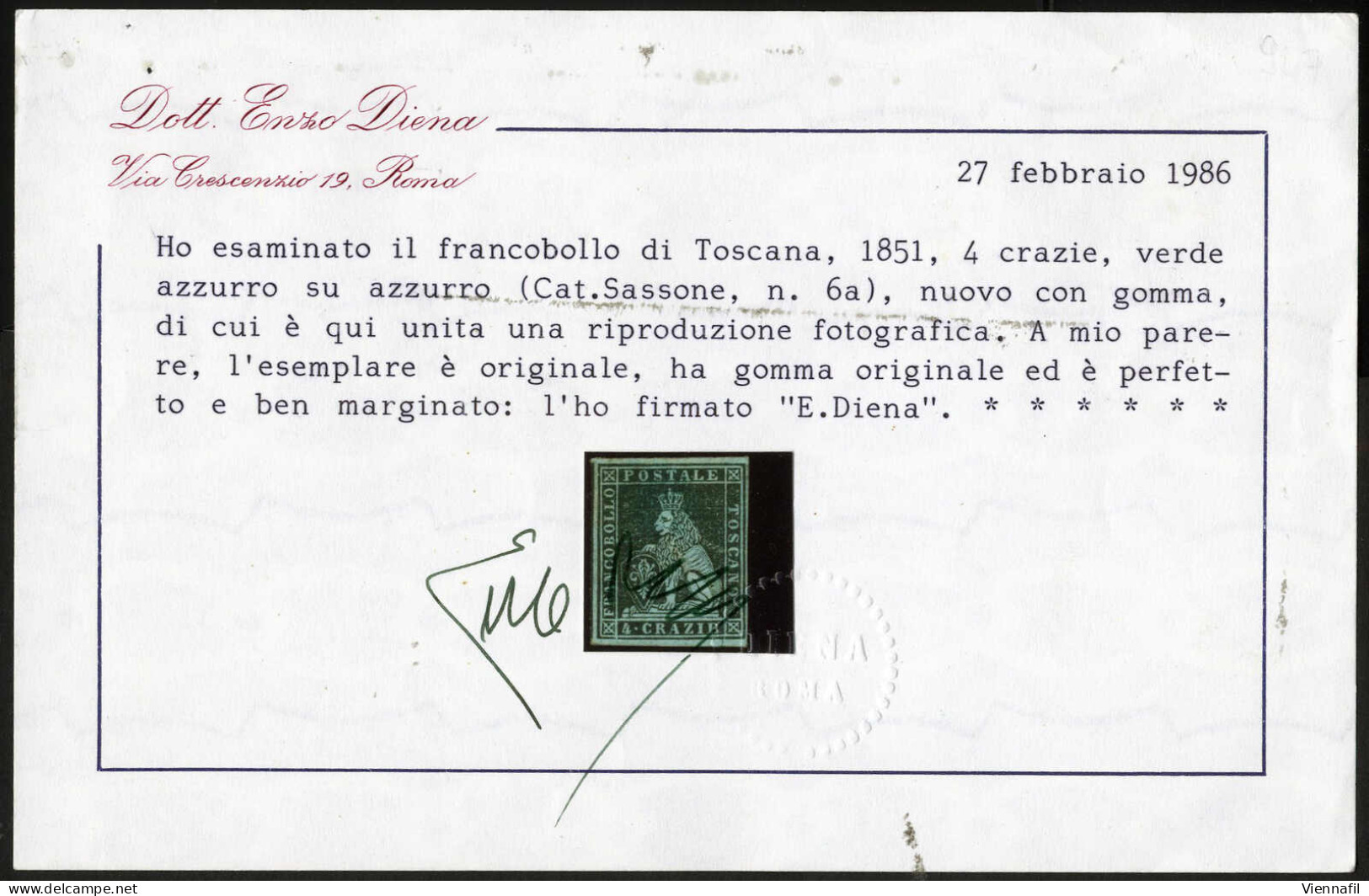 * 1851/52, 4 Cr. Verde Azzurro Su Azzurro, Nuovo Con Gomma Originale, Filigrana 1, Cert. Enzo Diena E Bolaffi (120 %), S - Toskana