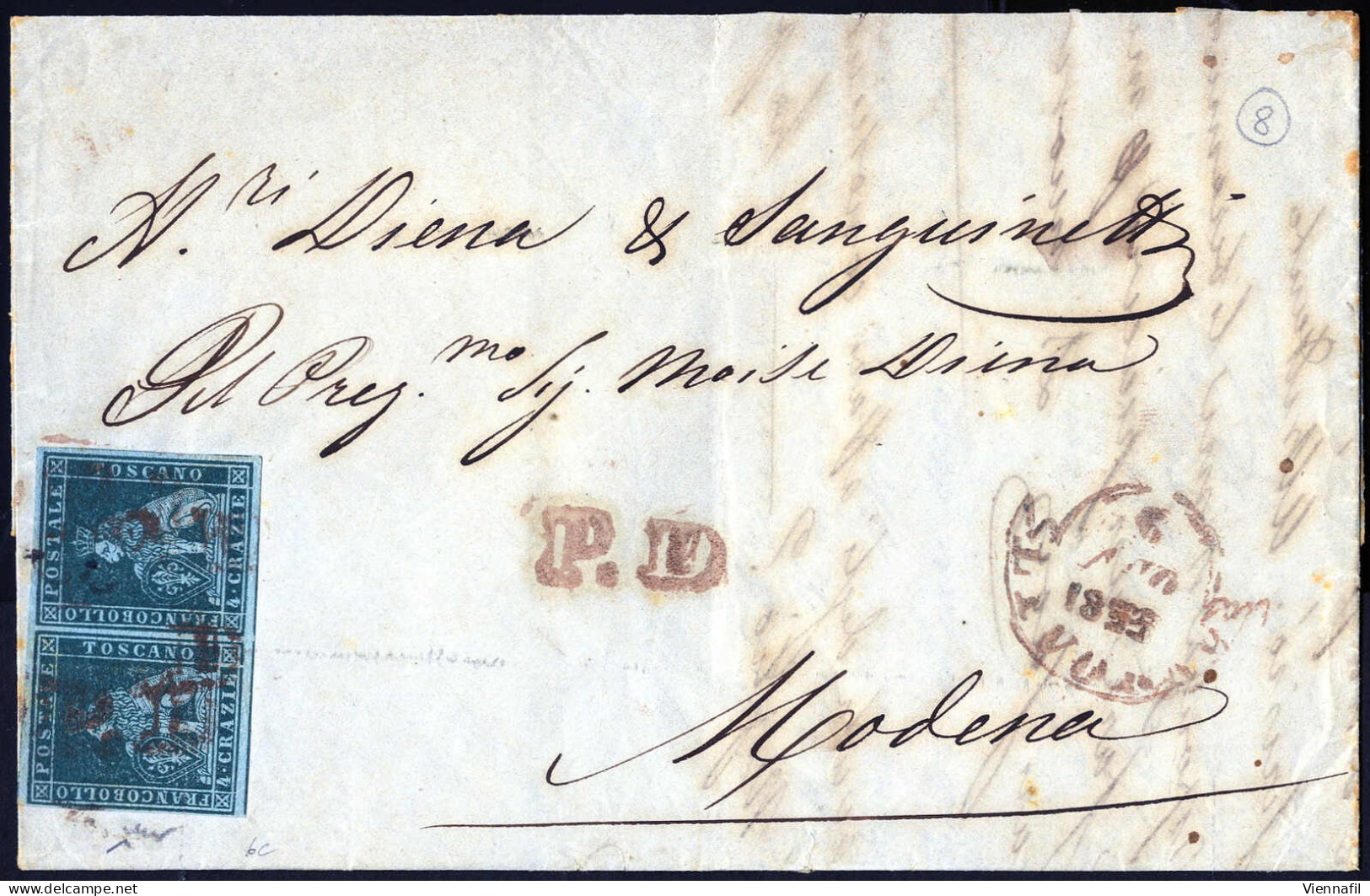 Cover 1854, Lettera Da Livorno Del 8.5 Per Modena Affrancata Con Coppia 4 Cr. Verde Azzurro Su Grigio Azzurrata, Filigra - Toscane