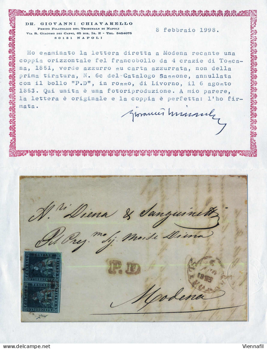 Cover 1854, Lettera Da Livorno Del 8.5 Per Modena Affrancata Con Coppia 4 Cr. Verde Azzurro Su Grigio Azzurrata, Filigra - Toscana