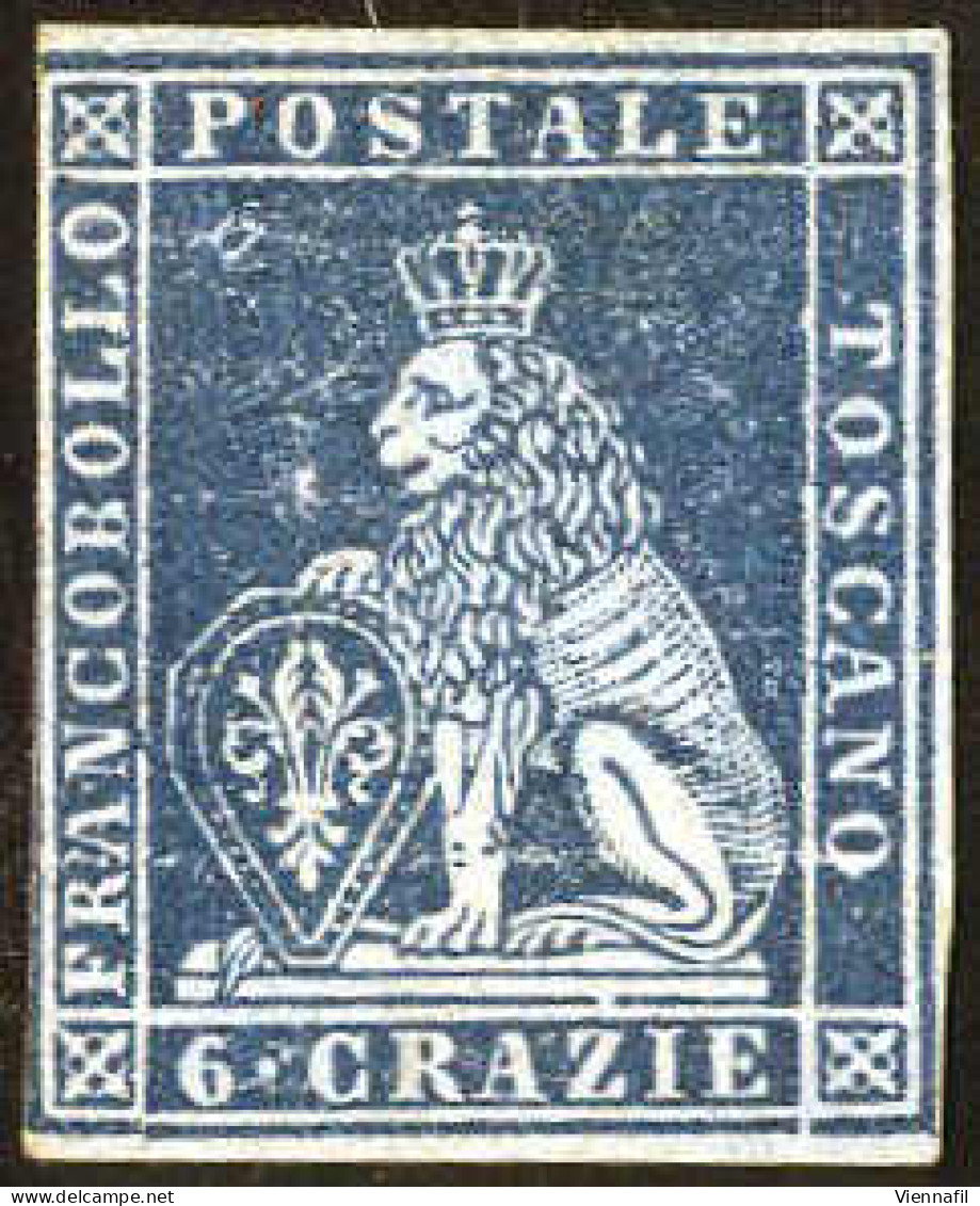 * 1851/52, 6 Cr. Azzurro Scuro Su Azzurro, Nuovo Con Gomma Originale, Filigrana 1, Cert. Donini, Sass. 7c / 24000,- Mi.  - Tuscany