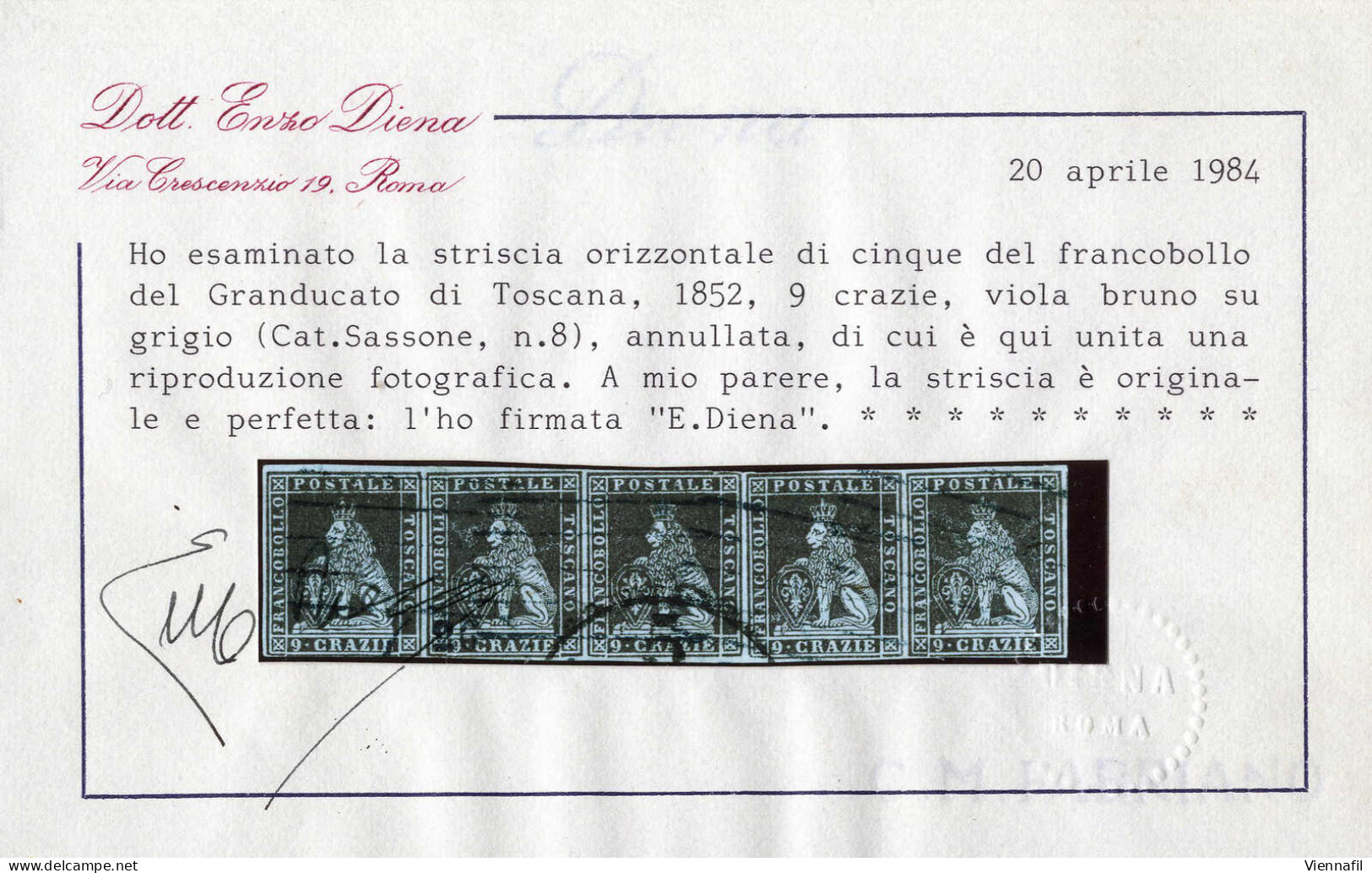 O 1851, Striscia Di Cinque Esemplari Marzocco Cr.9 Viola Bruno Su Grigio (8 Cat.15000) Usata Con Buoni Margini, Cert. E. - Toscana