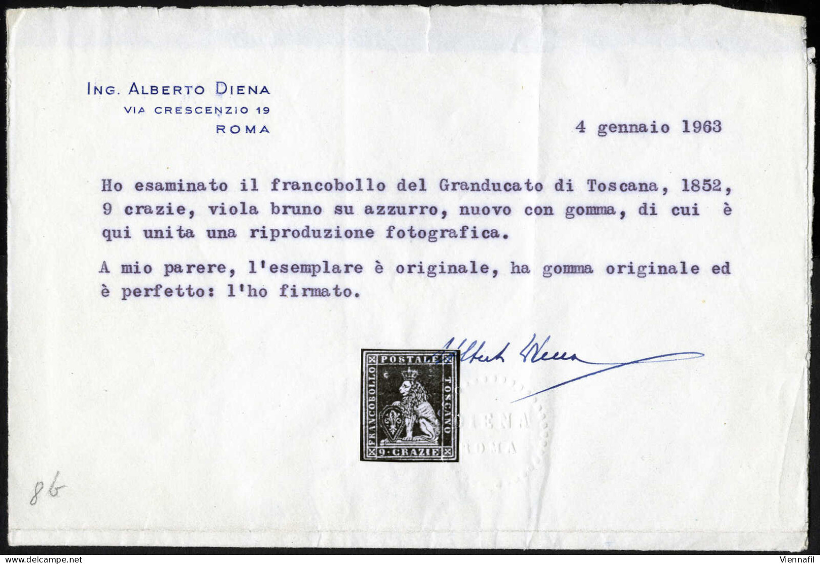 * 1851/52, 9 Cr. Viola Bruno Scurissimo Su Azzurro, Nuovo Con Gomma Originale, Filigrana 1, Cert. Alberto E Enzo Diena,  - Toscana