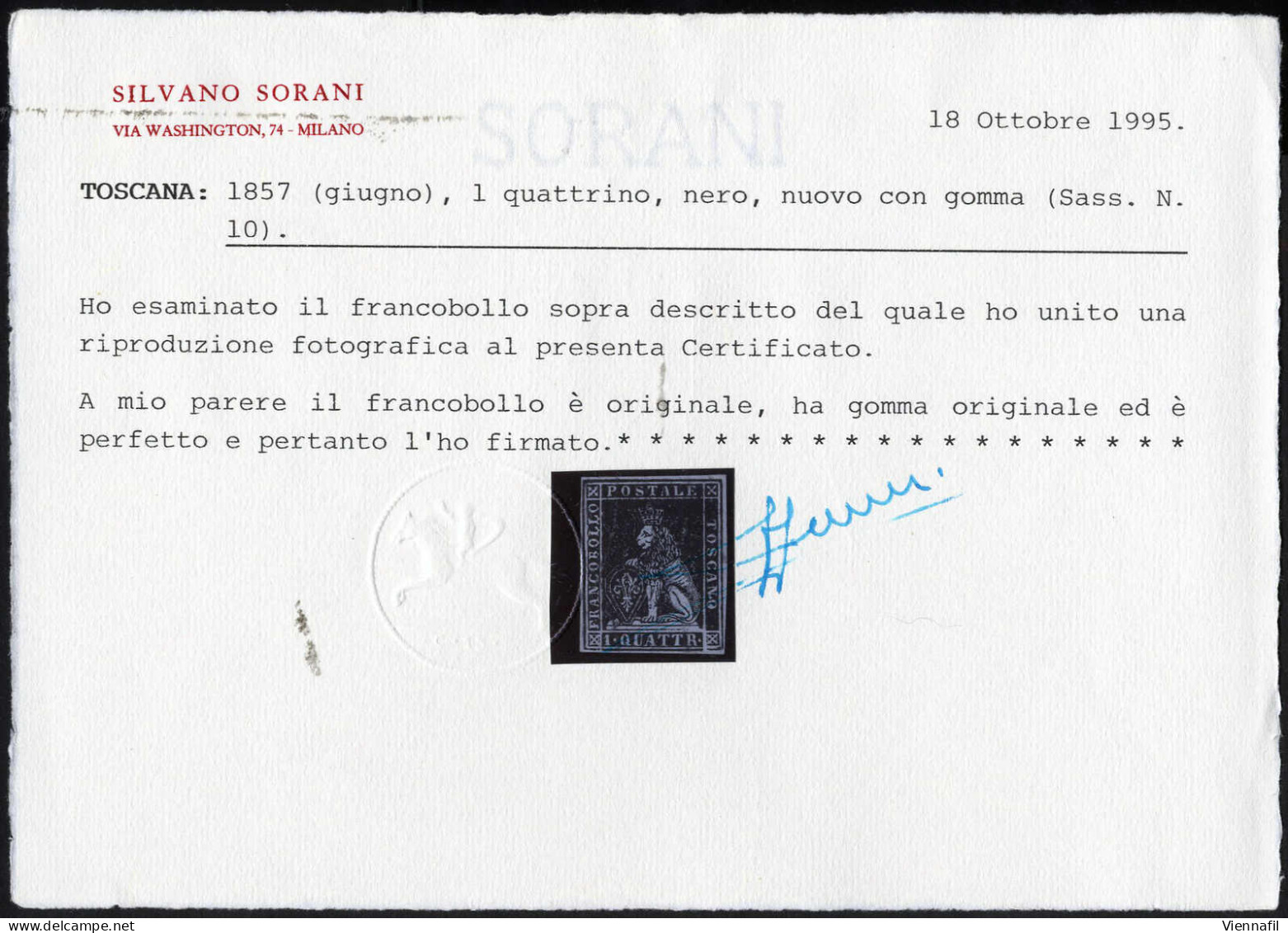 * 1857, 1 Q. Nero Nuovo Con Piena Gomma Originale, Filigrana 2, Cert. Sorani, Sass. 10 / 3500,- Mi. 10 - Tuscany