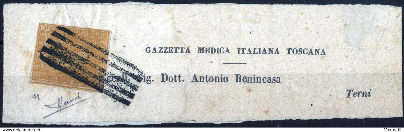 Cover 1857, Fascietta Per Terni Affrancata Con 1 S. Ocra, Filigrana 2, Cert. Sorani, Sass. 11 / 60000,- - Toscane