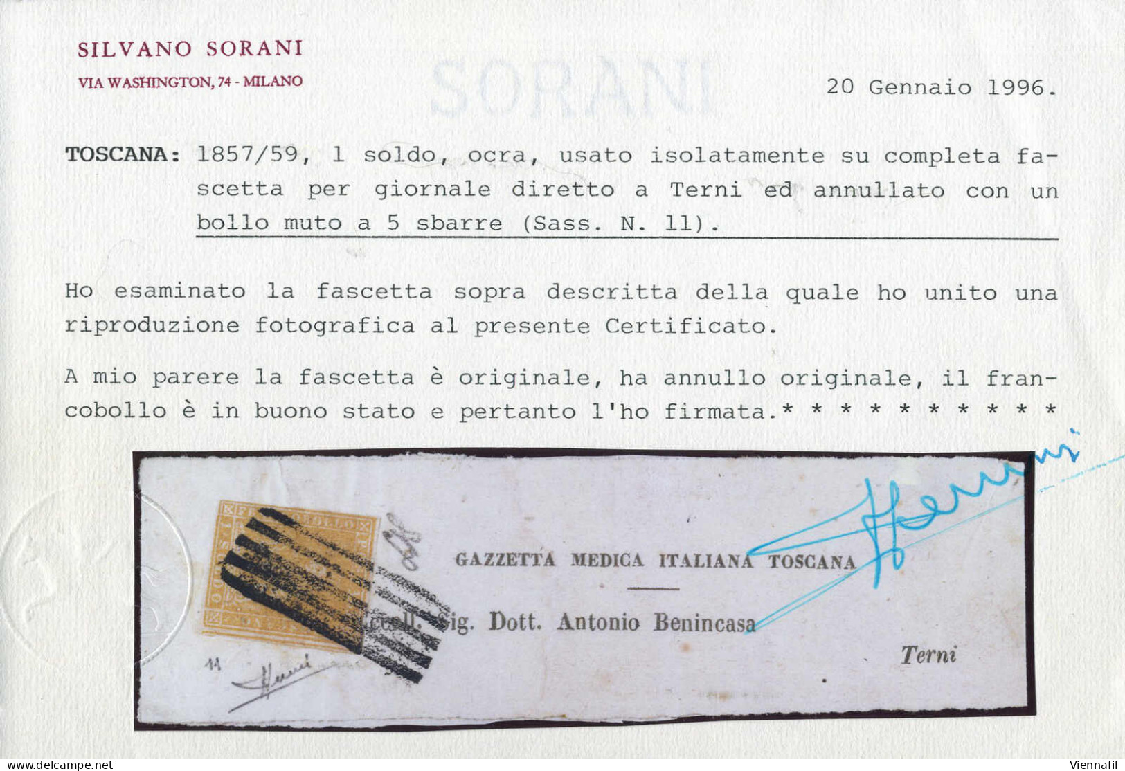 Cover 1857, Fascietta Per Terni Affrancata Con 1 S. Ocra, Filigrana 2, Cert. Sorani, Sass. 11 / 60000,- - Toscane