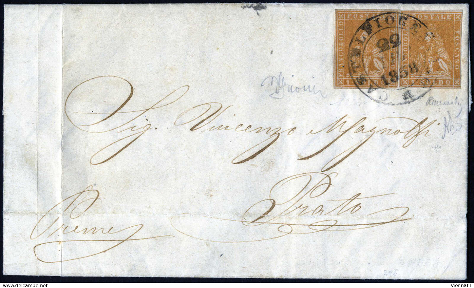 Cover 1858, Lettera Da Castelfiorentino Il 22.4 Per Prato Affrancata Con Due 1 S. Ocra, Filigrana 2, Firmata Grioni, Cer - Tuscany