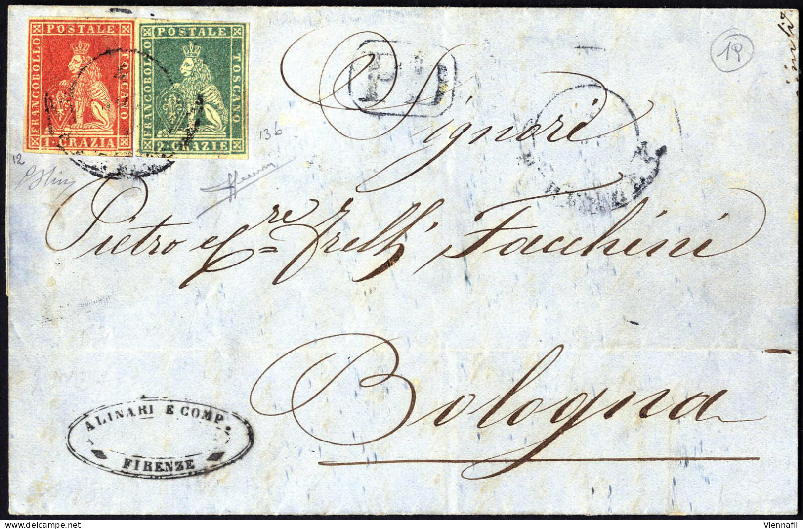 Cover 1859, Lettera Da Firenze Il 4.11 (periodo Del Governo Provvisorio) Per Bologna Affrancata Con Due 1 Cr. Carminio E - Toskana