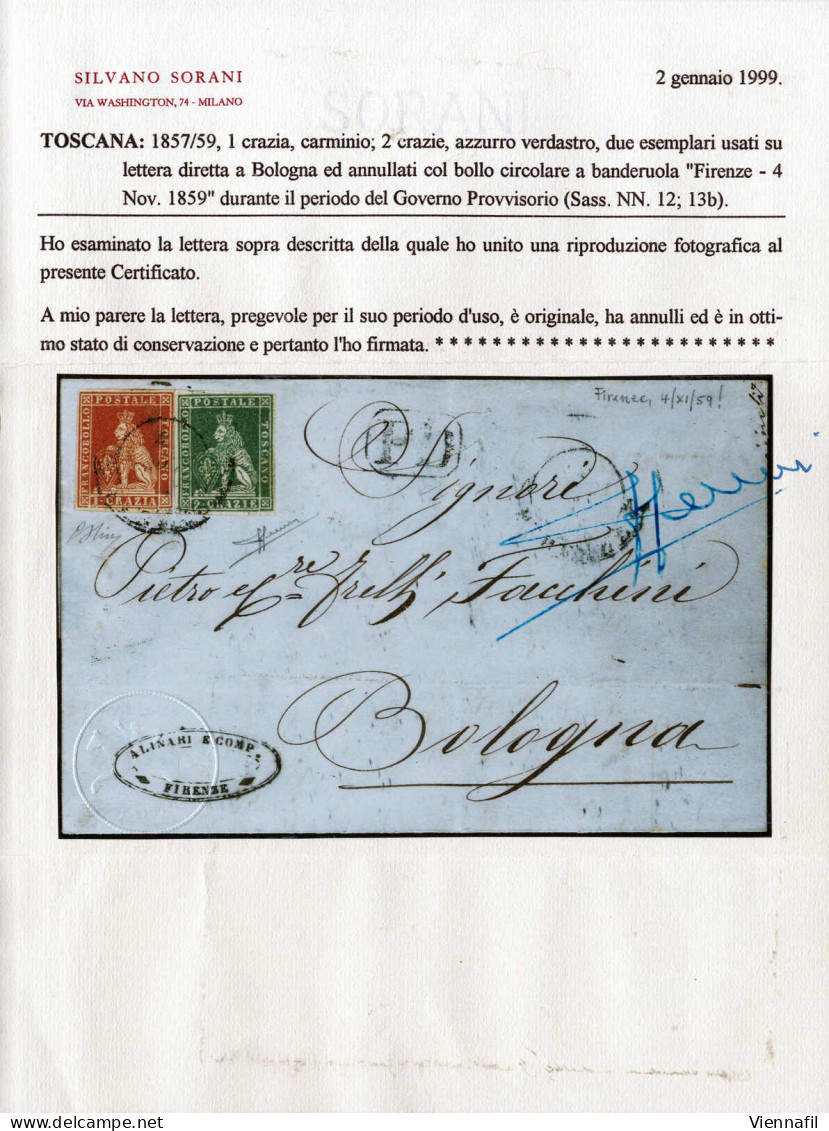 Cover 1859, Lettera Da Firenze Il 4.11 (periodo Del Governo Provvisorio) Per Bologna Affrancata Con Due 1 Cr. Carminio E - Tuscany