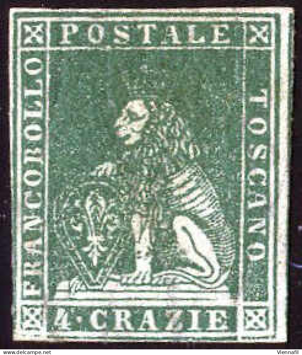 * 1857, 4 Cr. Verde, Nuovo Con Gomma Originale, Filigrana 2, Cert. Enzo Diena E Bolaffi (40 %), Sass. 14 / 20000,- Mi. 1 - Toskana