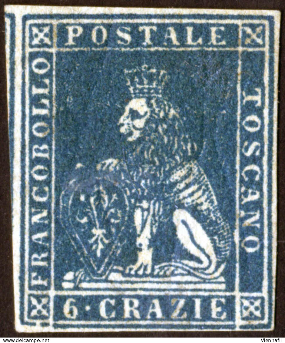* 1857, 6 Cr. Azzurro Vivo, Nuovo Con Gomma Originale, Filigrana 2, Cert. Enzo Diena E Bolaffi (80 %), Sass. 15a / 30000 - Toscana