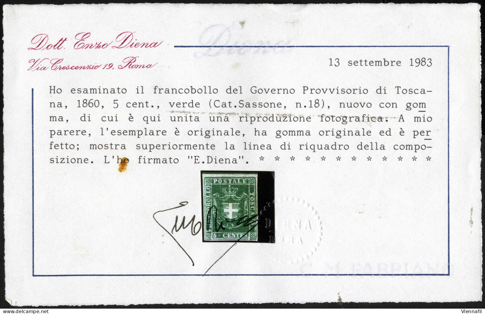 * 1860, Stemma Di Savoia, 5 C. Verde, Nuovo Con Gomma Originale, Cert. Enzo Diena, Linea Di Riquadro Superiore, Sass. 18 - Toscane