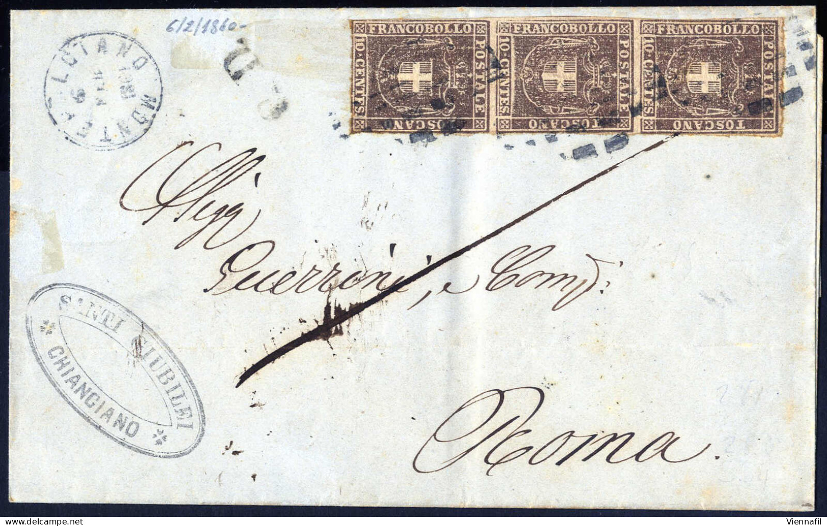 Cover 1860, Lettera Da Montepulciano Del 6.2 Per Roma Affrancata Con Striscia Verticale Di Tre 10 C. Bruno, Sass. 19 / 4 - Toscana