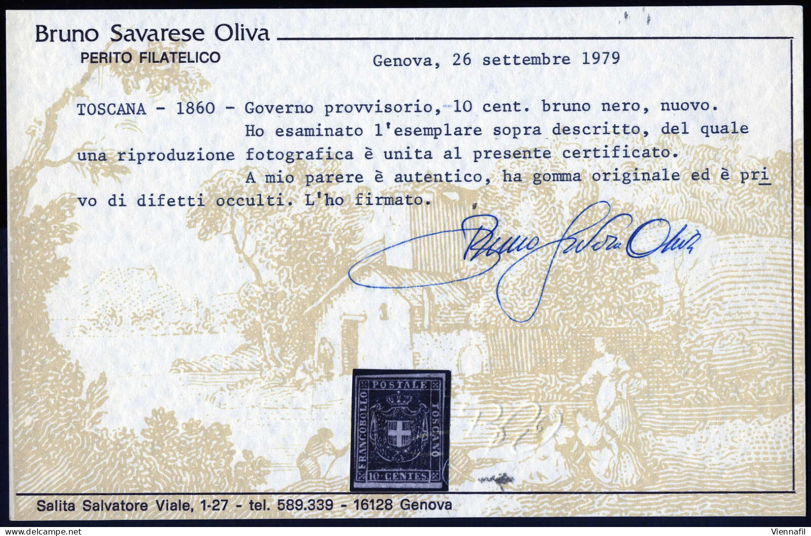 * 1860, Stemma Di Savoia, 10 C. Bruno Nero, Nuovo Con Gomma Originale, Cert. Oliva, Sass. 19a / 18000,- Mi. 19b - Toskana