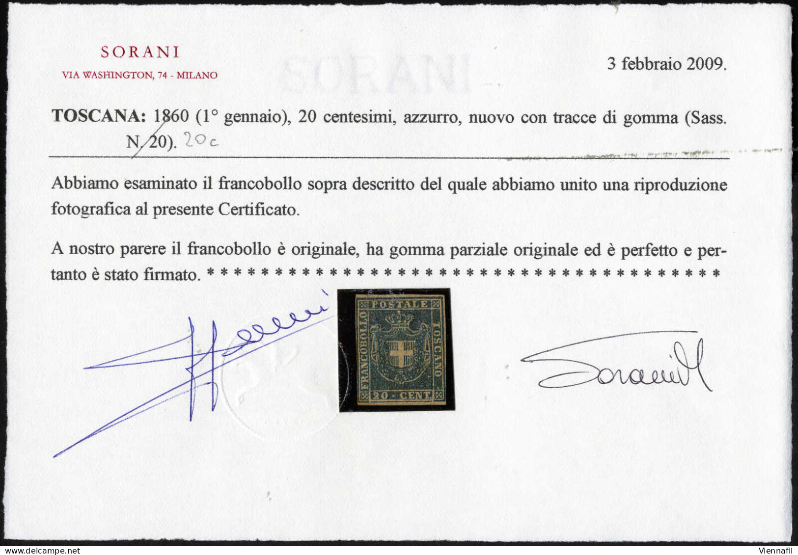 * 1860, Stemma Di Savoia, 20 C. Azzurro, Nuovo Con Gomma Parziale Originale, Cert. Sorani, Sass. 20 / 32000,- Mi. 20a - Toscana