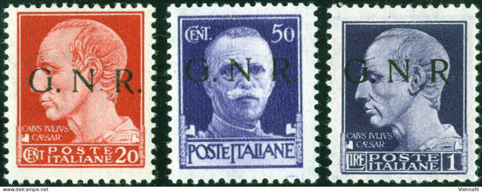 ** 1944, 20 C. Carminio, 50 C. Violetto E 1. L. Violetto Con La Soprastampa "G.N.R." (BR), Il Primo Con Punto Piccolo Do - Autres & Non Classés