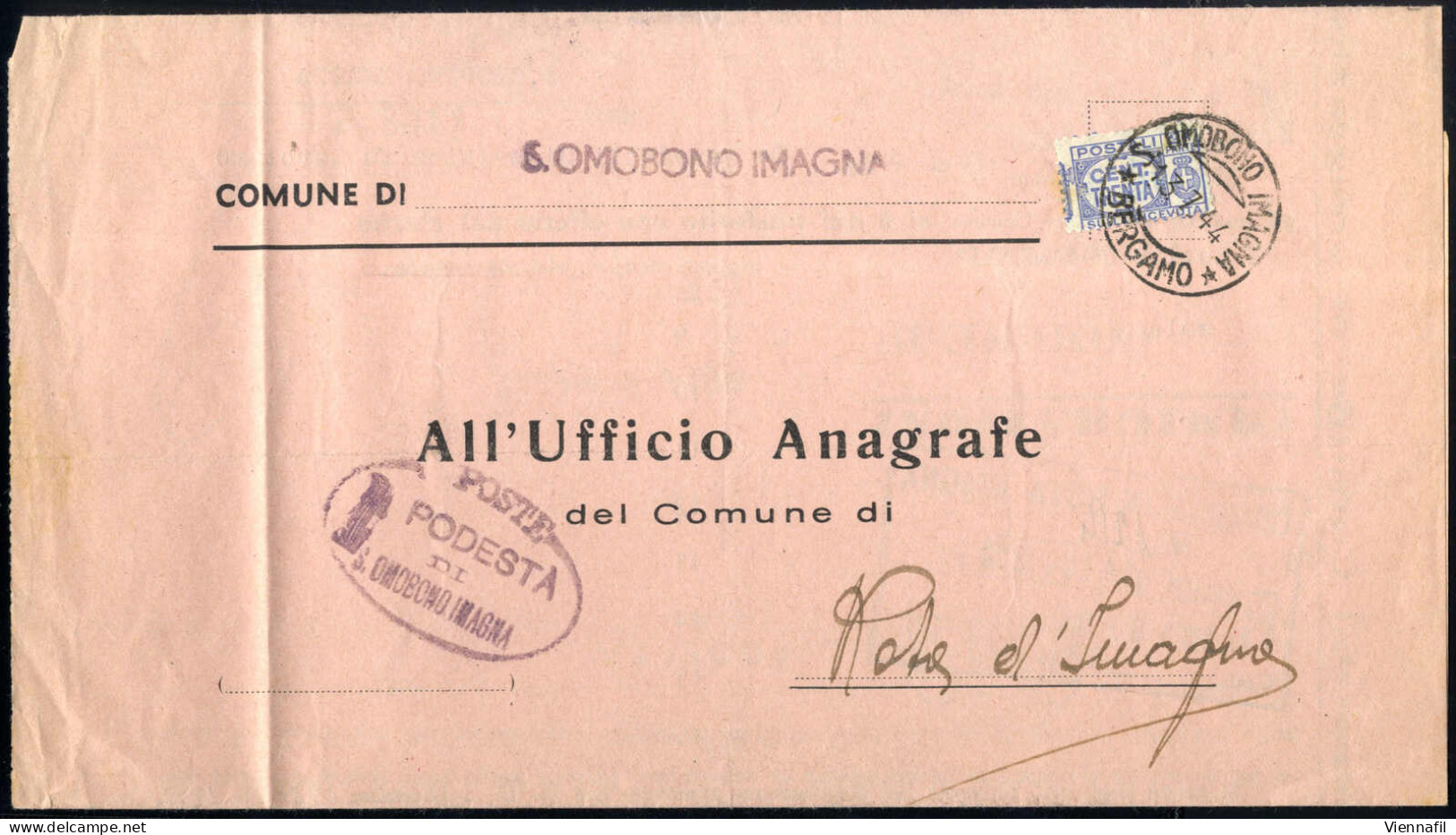 Cover 1944, Piego Da S. Omobono Imagna Il 13.7 Per Rota D`Imagna Affrancata Con "metà Di Destra Pacchi Postali" 30 C. Ol - Autres & Non Classés