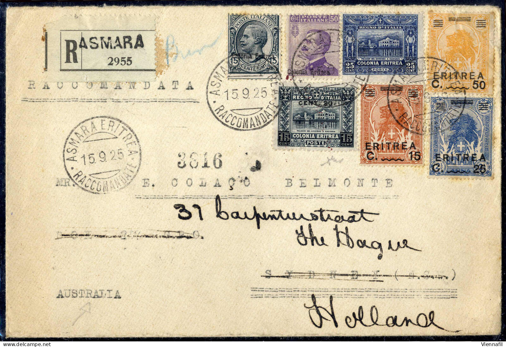 Cover 1925, Raccomandata Del 15.9.1925 Da Asmara A Sidney (Australia), Affrancata Con Sette Francobolli Della Colonia Er - Eritrea