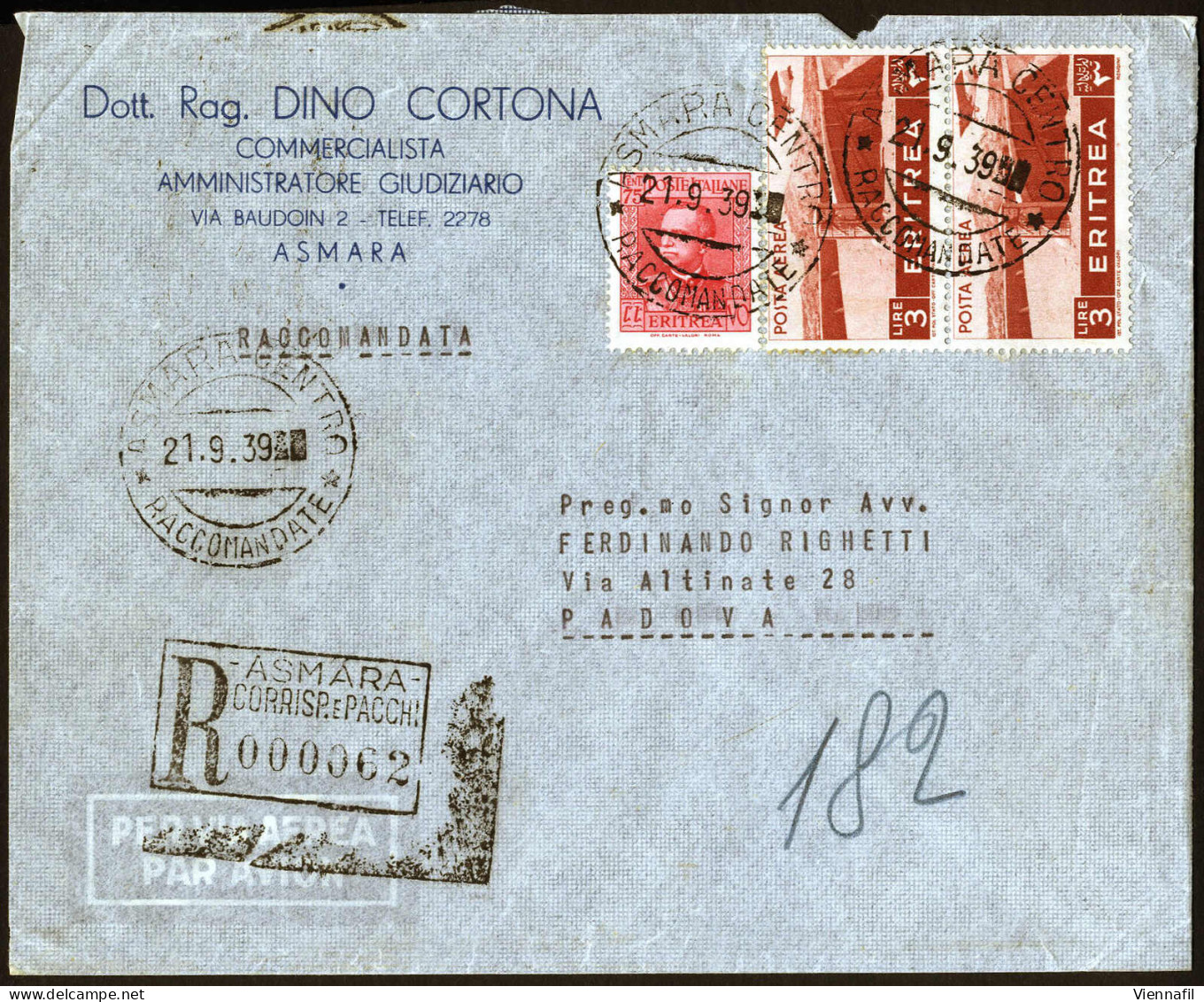 Cover 1939, Lettera Raccomandata Da Asmara Il 21.9 Per Padova Affrancata Con 75 C. Rosa Carminio Vitt. Em. III E Coppia  - Erythrée