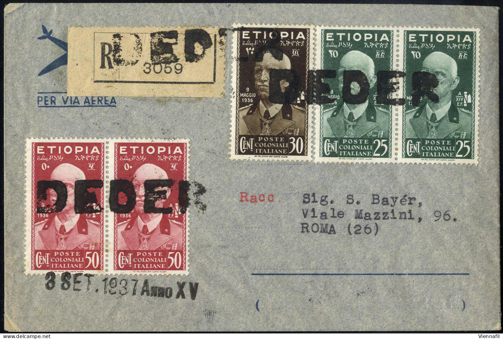 Cover 1937, Raccomandata Di Posta Aerea Del 3.9.1937 Da Deder A Roma, Affrancata In Tariffa Con 25 C. Verde Coppia + 30  - Ethiopië