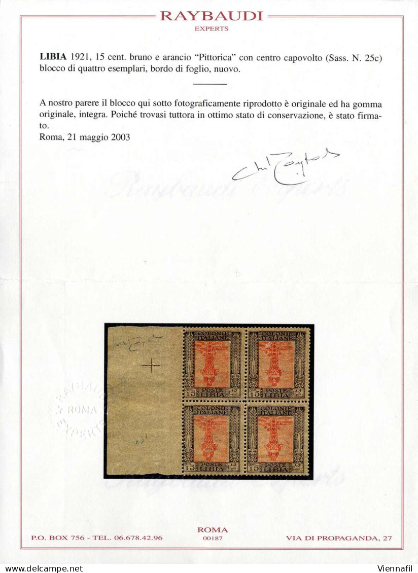 **/bof 1921, 15 C. Bruno E Arancio Della Serie "Pittorica" Con Centro CAPOVOLTO, Blocco Di Quattro Nuovo Con Gomma Origi - Libia