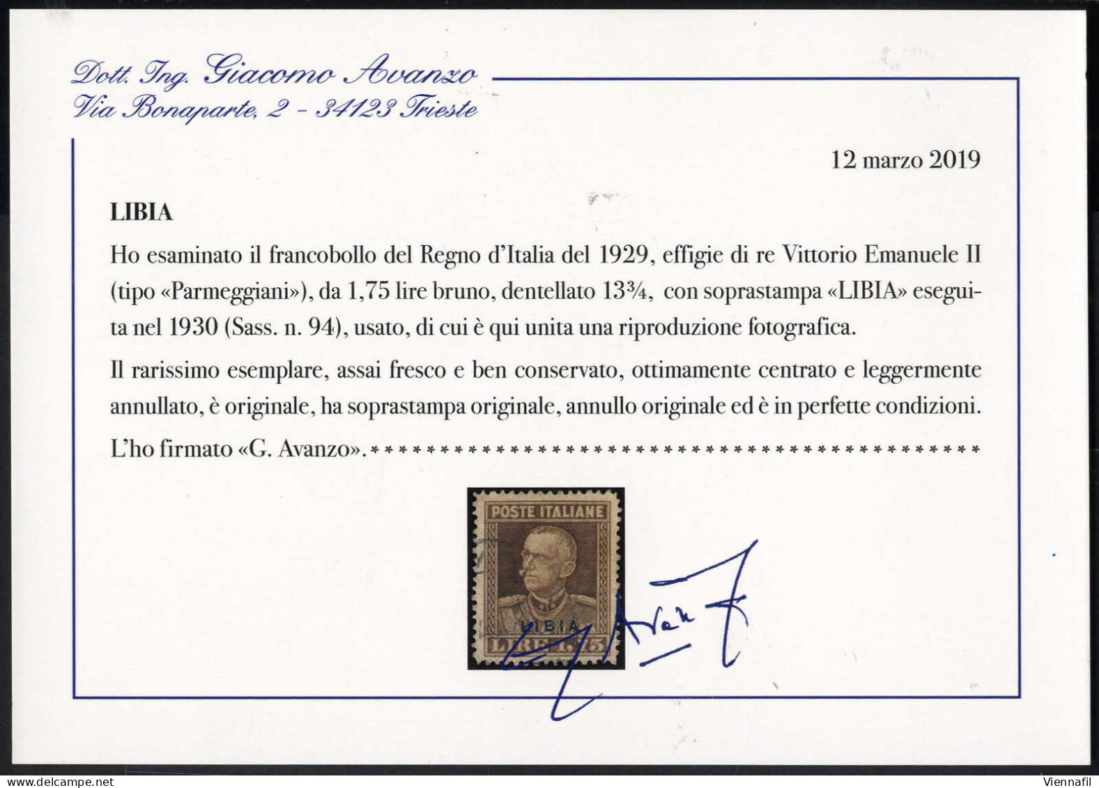 O 1930, VE II (tipo "Parmeggiani") 1,75 L. Bruno Con La Rarissima Dentellatura 13 ¾ Con La Soprastampa "LIBIA", Usato, I - Libya
