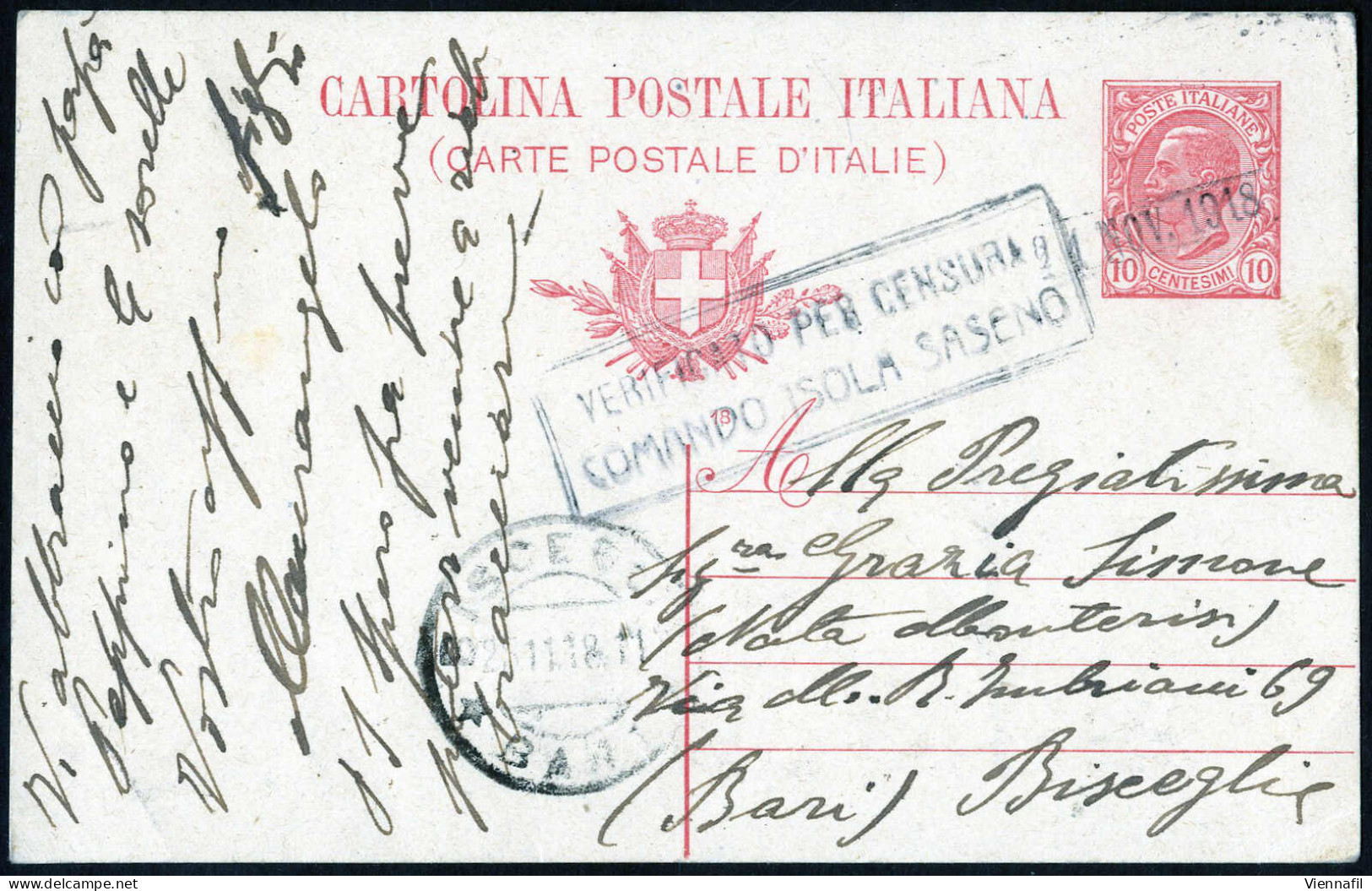 Cover 1916/25, Due Cartoline Illustrate E Una Cartolina Postale Da Saseno, Due Con Leoni 5 E 10 C. Con Timbri Di Censura - Saseno