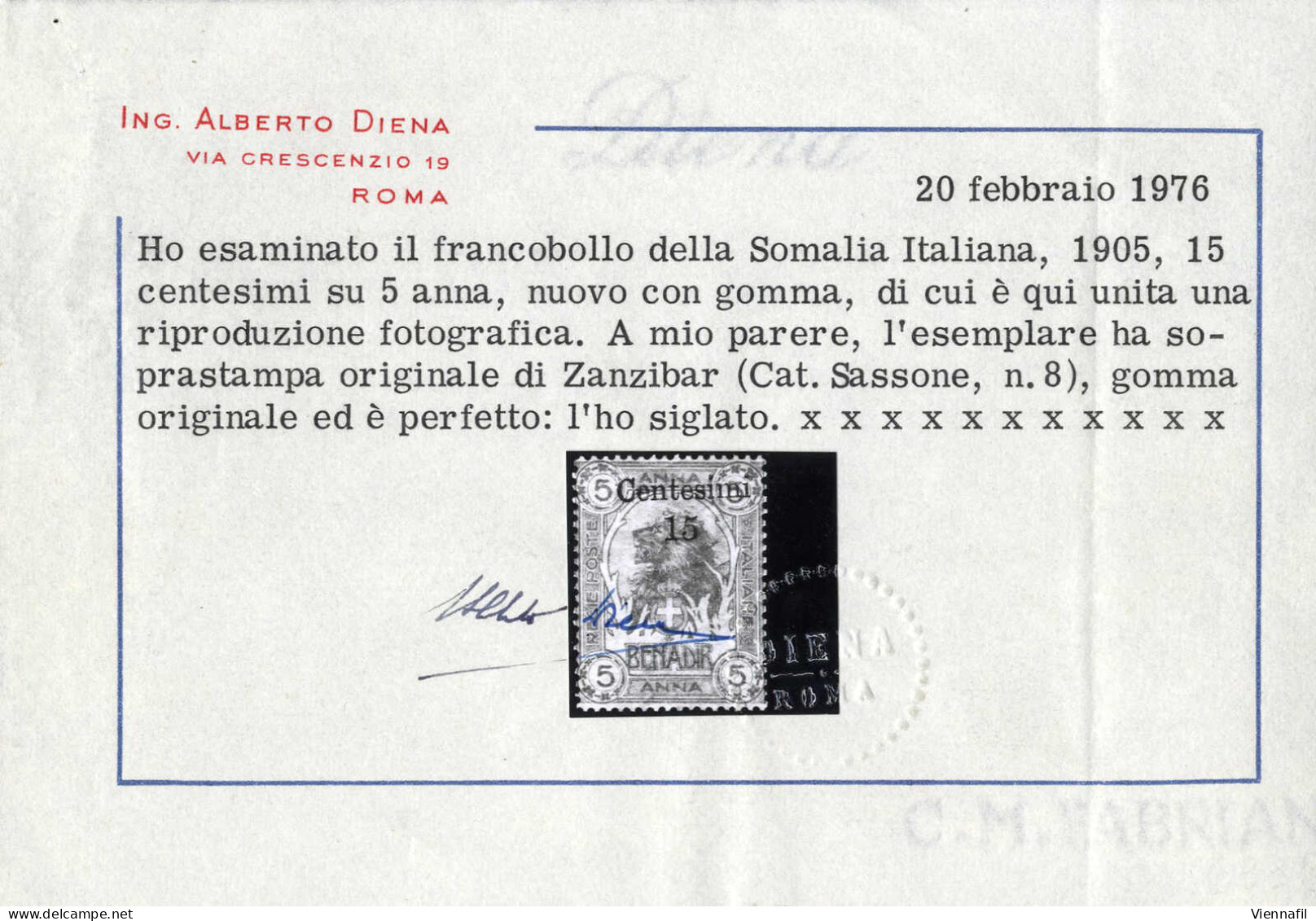 ** 1905, 15 C. Su 5 A. Arancio, Nuovo Con Gomma Integra, Cert. Alberto Diena, Sass. 8 - Somalie