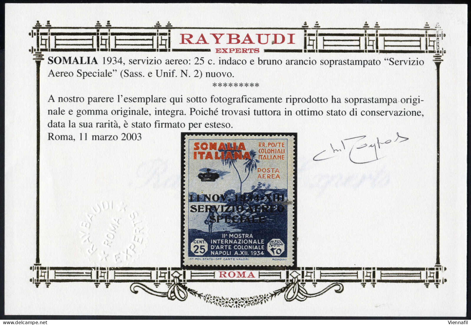 ** 1934, Servizio Aereo, 25 C. Indaco E Bruno Arancio, Nuovo Con Gomma Integra, Cert. Oro Raybaudi, Sass.2 - Somalie