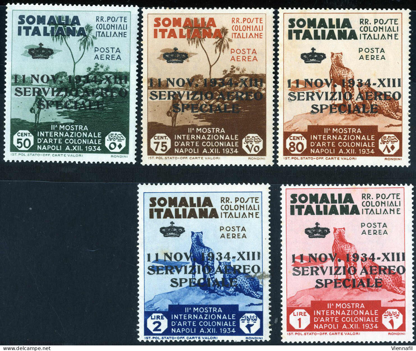 ** 1934, Servizio Aereo, Serie Completa 5 Valori Non Emessi, Nuovi Con Gomma Integra, Cert. Raybaudi - Somalia