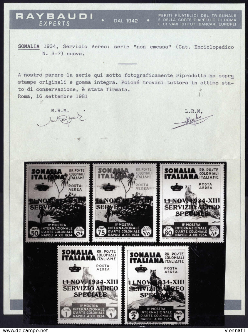 ** 1934, Servizio Aereo, Serie Completa 5 Valori Non Emessi, Nuovi Con Gomma Integra, Cert. Raybaudi - Somalie