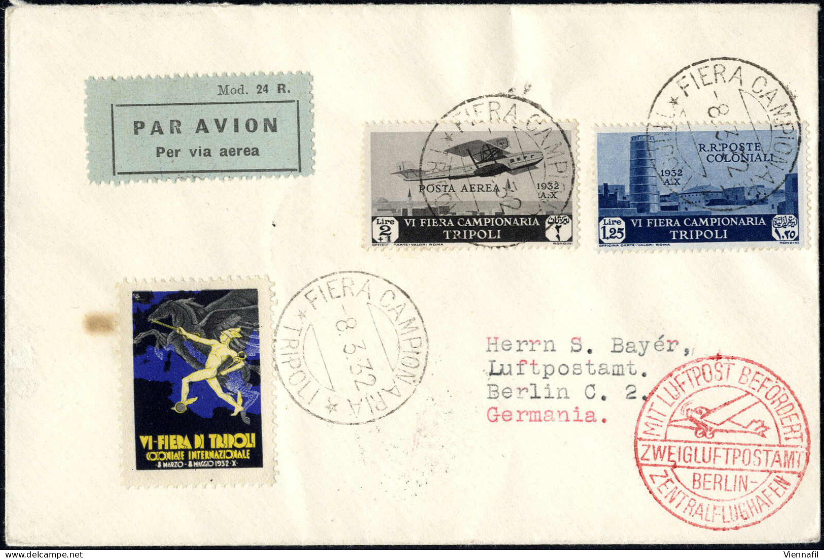 Cover 1932, Due Aerogrammi Del 8.3.1932 Da Tripoli A Roma E Berlino, Il Primo Raccomandato E Affrancato Con VI. Fiera Di - Somalia