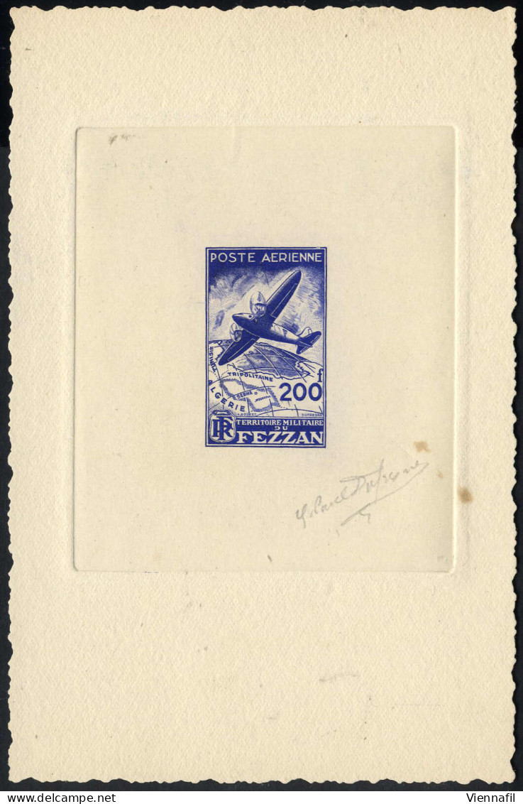 (*) 1948, Posta Aerea 200 F. Azzurro Scuro, Prova Su Cartoncino Firmata Dall'artista, Qualche Piccolo Punto Di Ingiallim - Fezzan & Ghadames