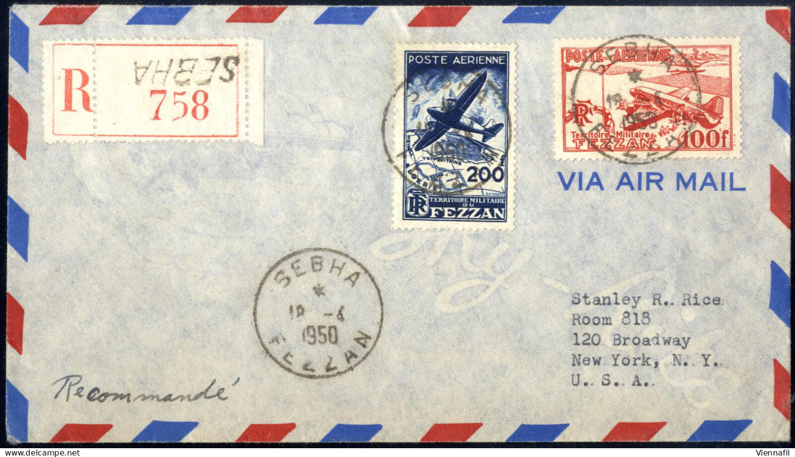 Cover 1950, Raccomandata Di Posta Aerea Del 18.4.1950 Da Sebha Per New York (USA), Affrancata Con Posta Aerea 100 F Ross - Fezzan & Ghadames