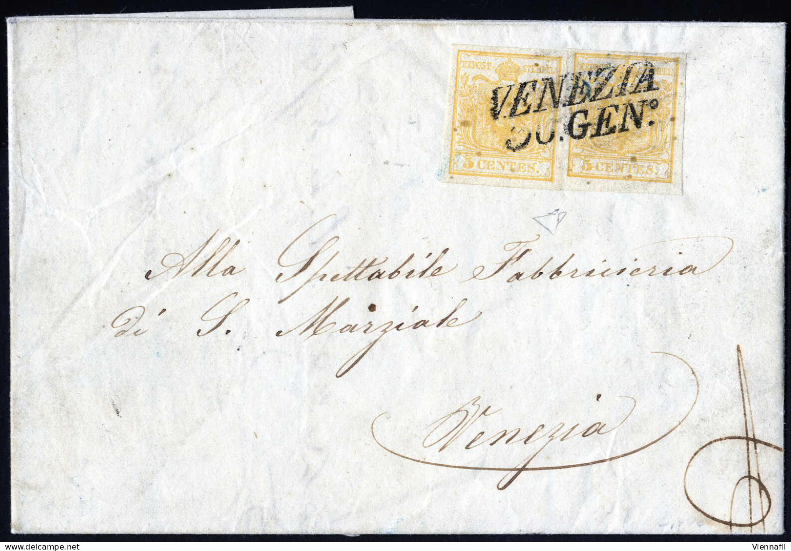 Cover 1851, Lettera Da Venezia Il 30.1 Per Città Affrancata Con Due 5 C Giallo Arancio Chiaro, Cert. Enzo Diena, Sass. 1 - Lombardo-Venetien