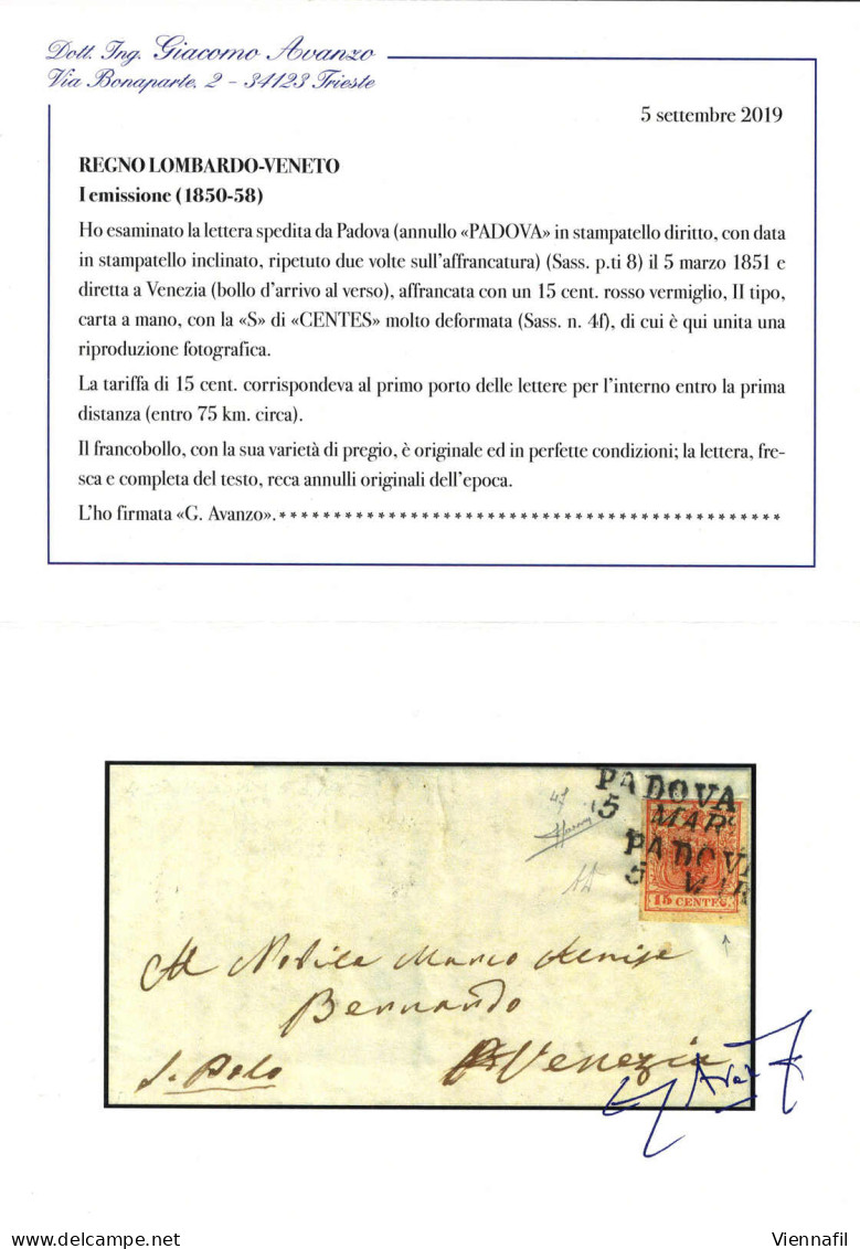 Cover 1851, Lettera Da Padova Il 5.3.1851 Per Venezia Affrancata Con 15 C. Rosso Vermiglio, II Tipo Carta A Mano, Difett - Lombardo-Venetien