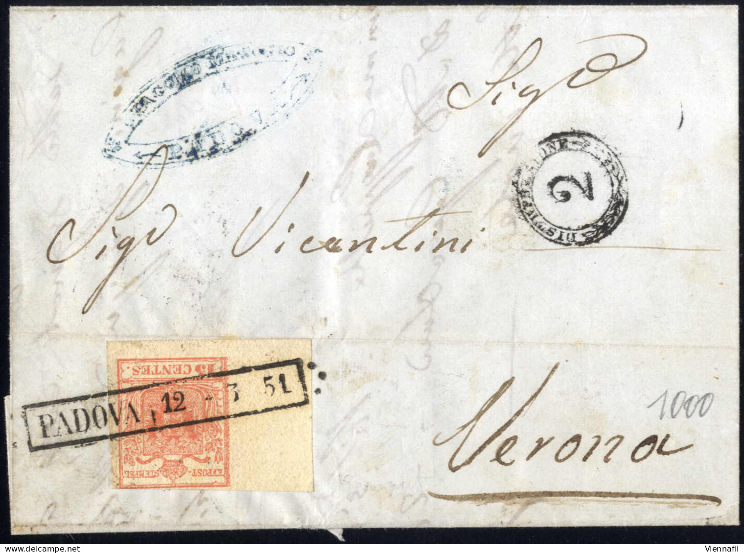 Cover 1851, Lettera Da Padova (R 51 Punti 7) Il 12.3. Per Verona Affrancata Con 15 C. Rosso Vermiglio, Carta A Coste Ver - Lombardy-Venetia