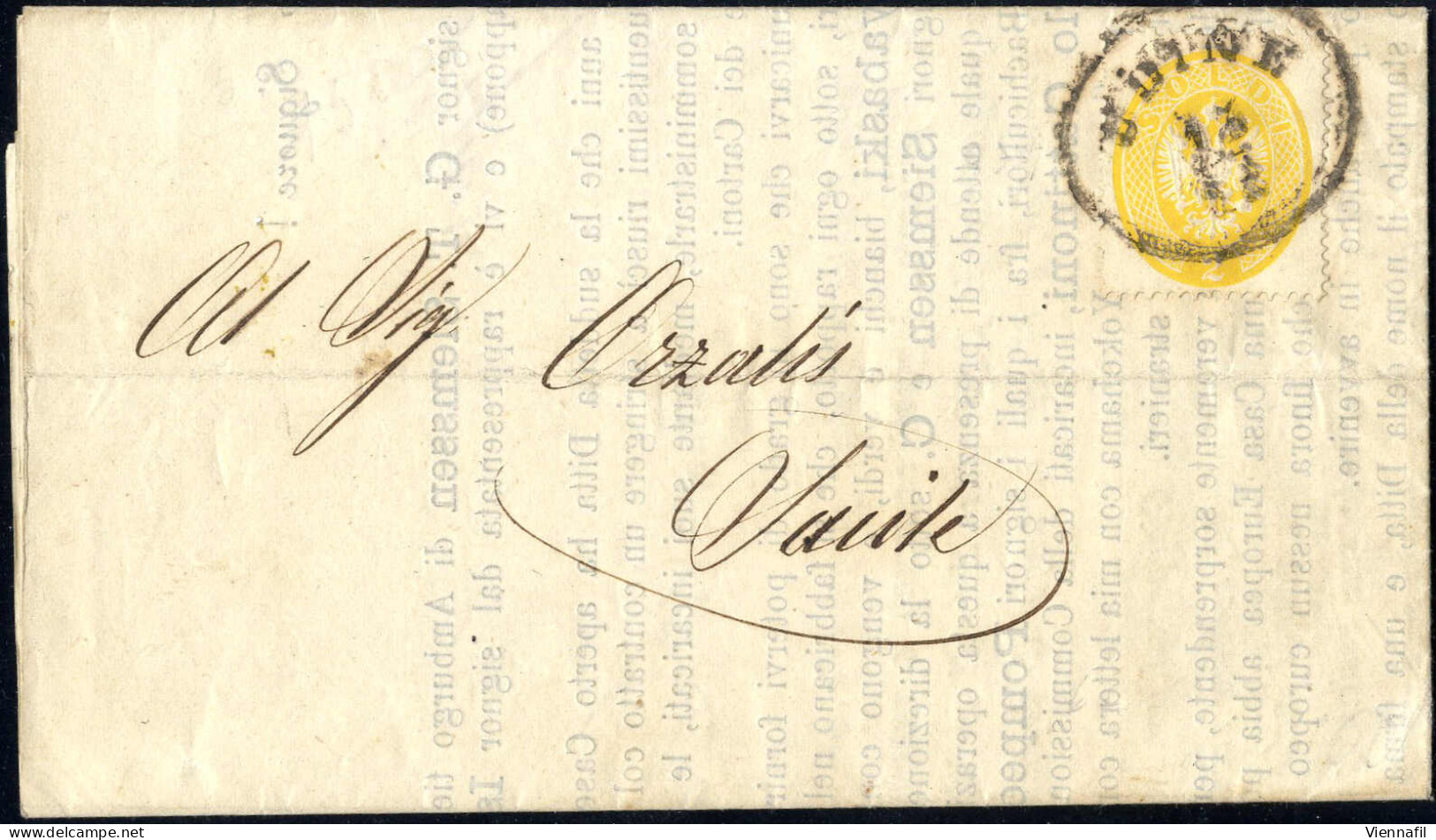 Cover 1865, Lettera Stampe Da Udine Il 12.12 Per Sacile Affrancata Con 2 Soldi Giallo Dent. 14, Isolato, Sass. 36 / 1000 - Lombardo-Venetien