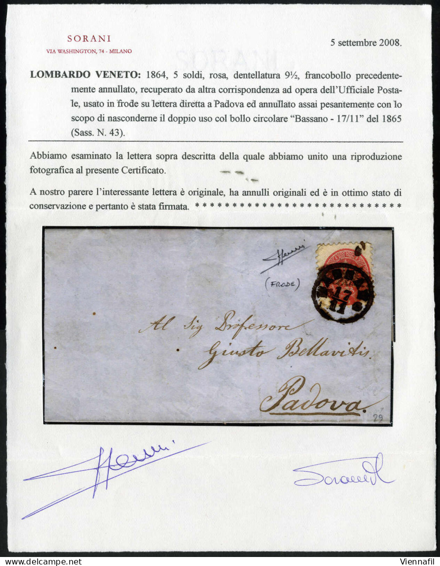 Cover 1865, Lettera Da Bassano Il 17.11 Per Padova Affrancata Con 5 S. Rosa Dent 9½ Usato In Frode In Quanto Già Usato I - Lombardo-Vénétie