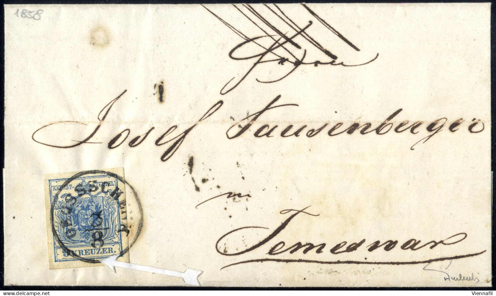Cover "Grossschenk", Sb-R (Müller 70 Punkte), Brief Vom 3.8.1858 Nach Temesvar Frankiert Mit 9 Kr. Blau Type IIIb MP, At - Other & Unclassified