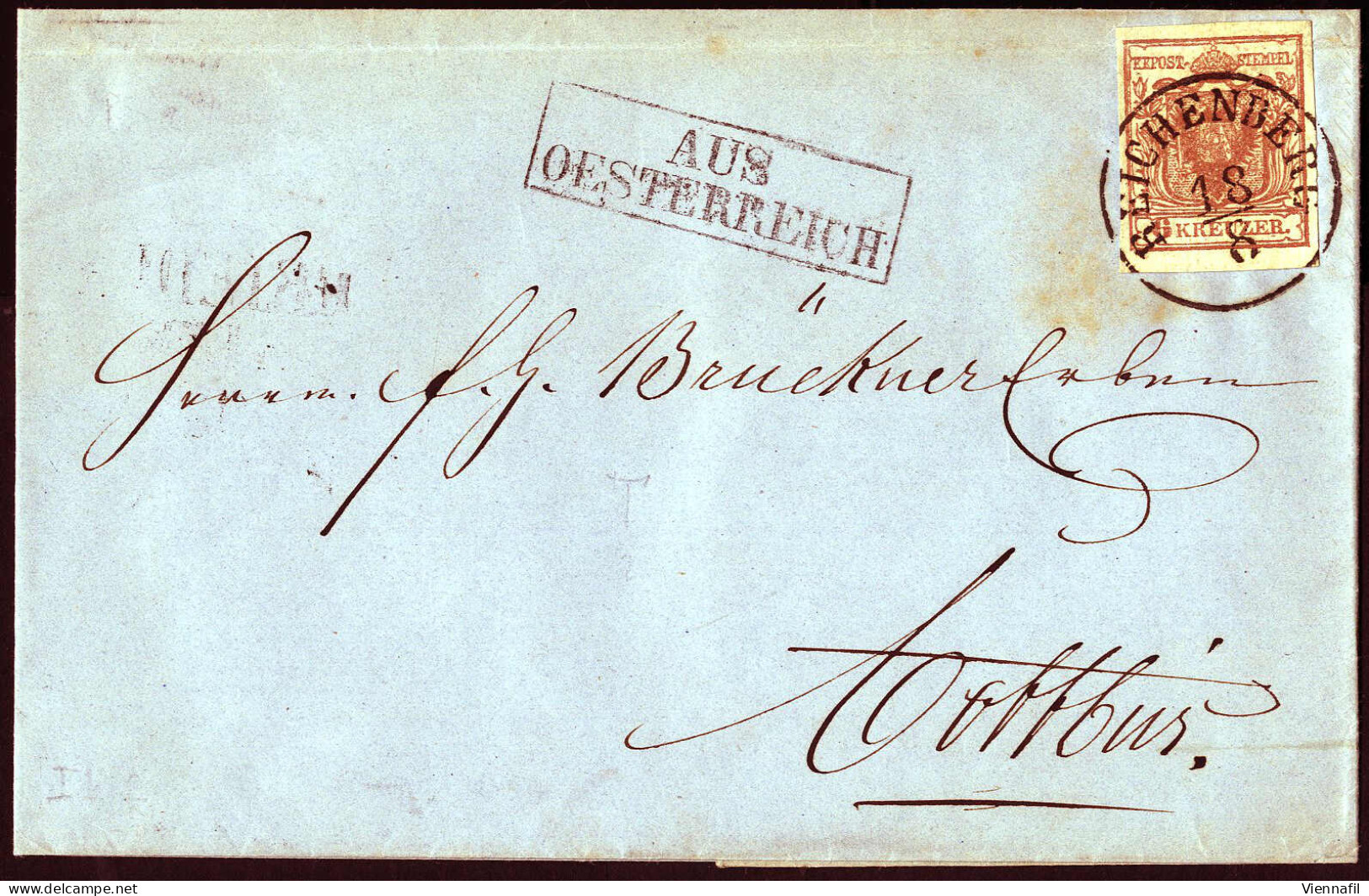 Cover 1852, Brief Von Reichenberg Vom 18.8. Nach Cottbus (Deutschland) Frankiert Mit 6 Kr. Braun HP, Nebenstempel "AUS/Ö - Sonstige & Ohne Zuordnung